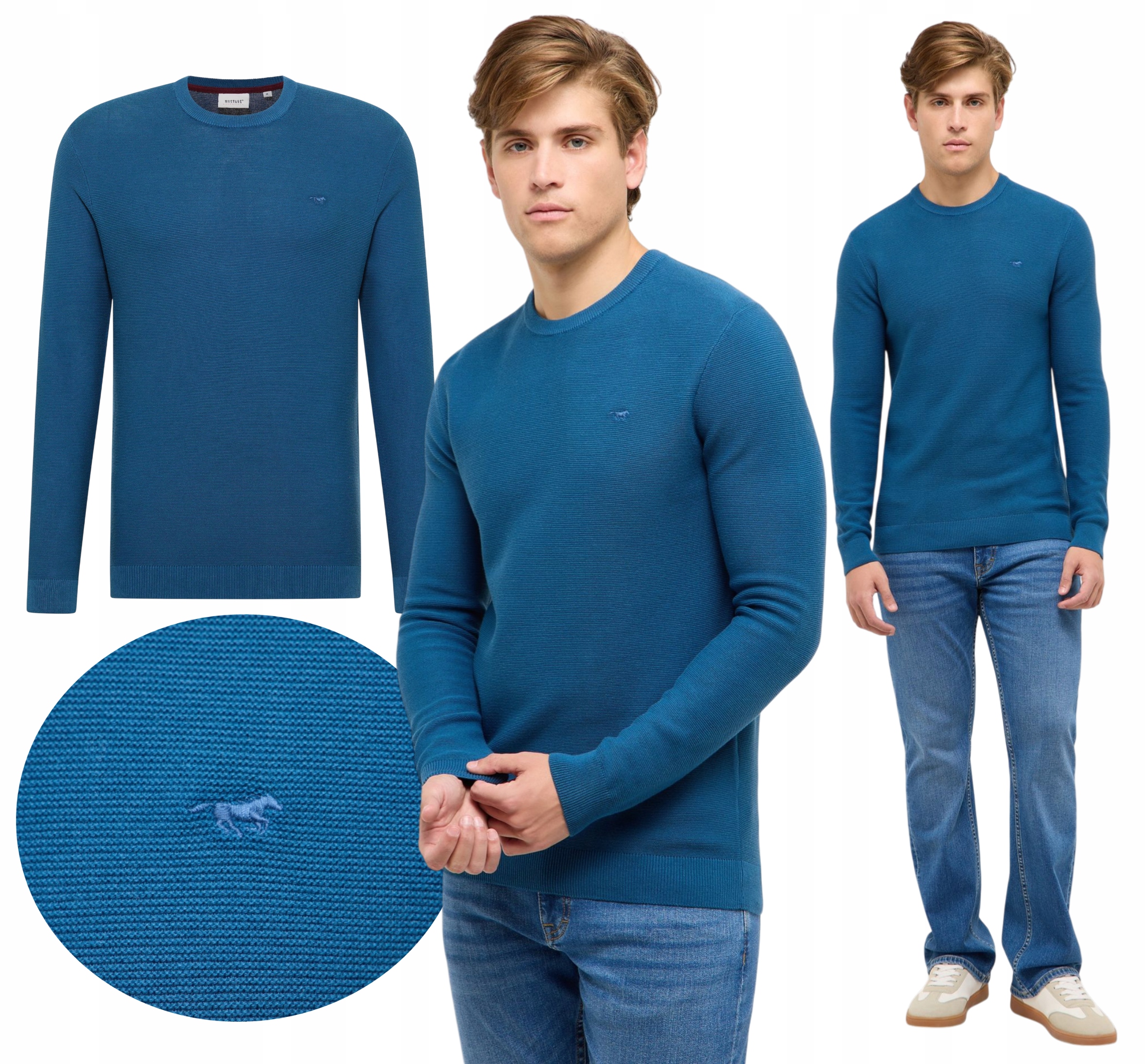 Pánský svetr Mustang Elliot modrý bavlna regular kulatý výstřih M