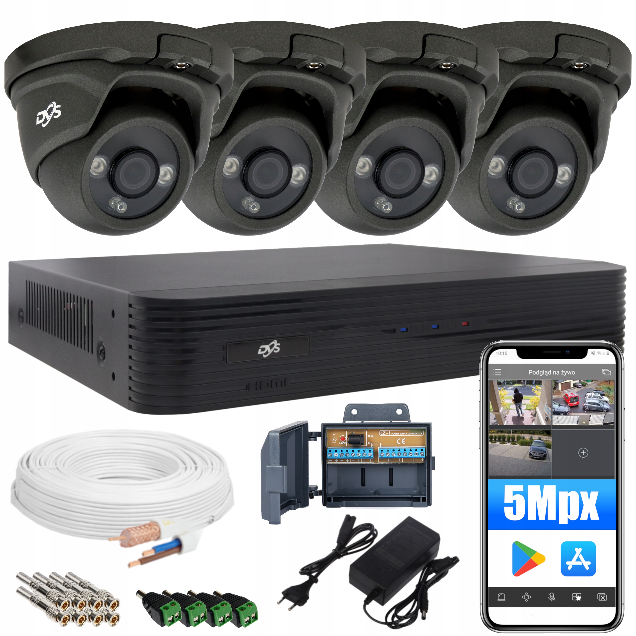 MONITORING 4 KAMERY KOPUŁKOWE GRAFITOWE ZEWNĘTRZNE