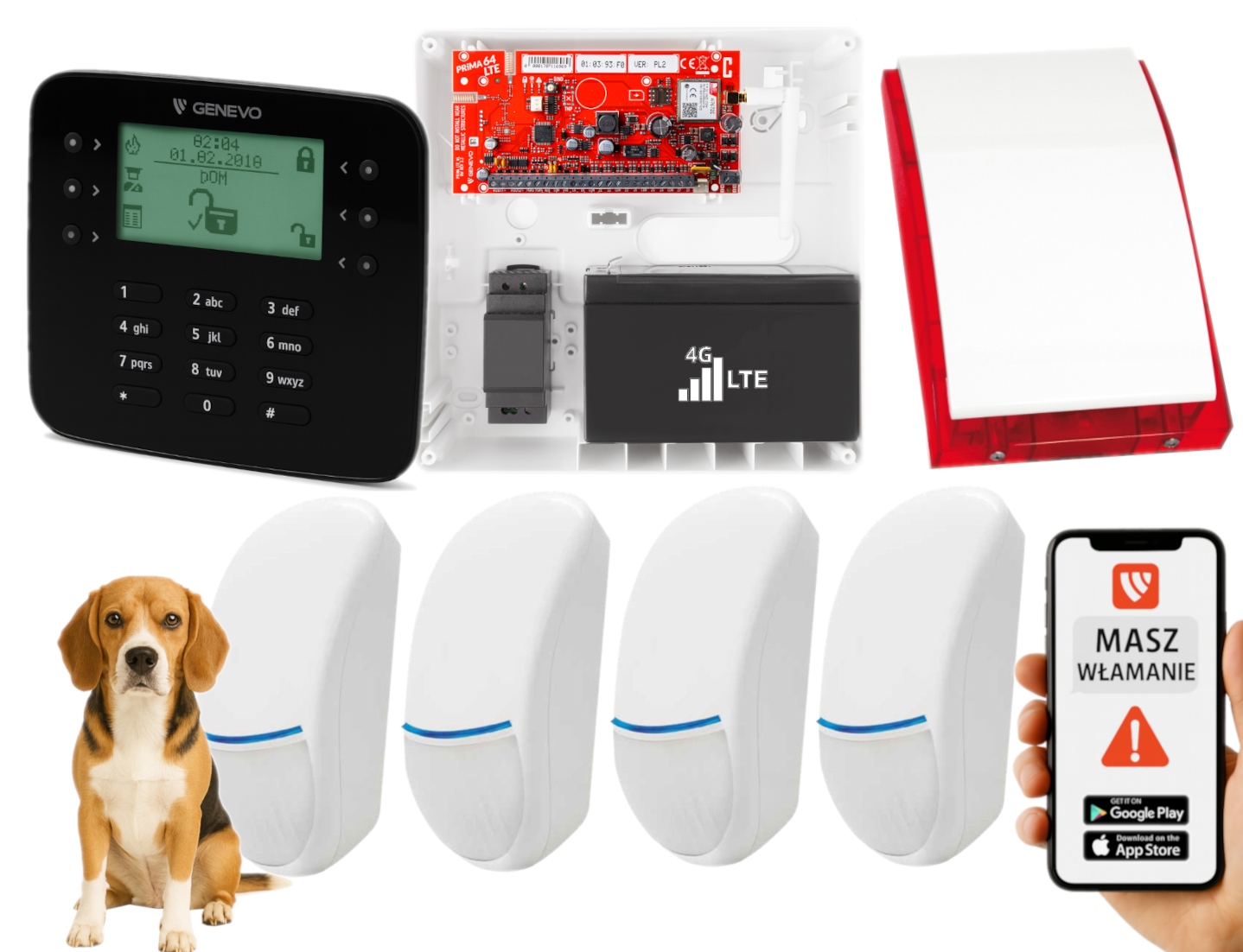 Zestaw Alarmowy PRIMA64LTE Gsm Panel LCD Sl Bk 4 Czujki Bingo 4 Strefy App