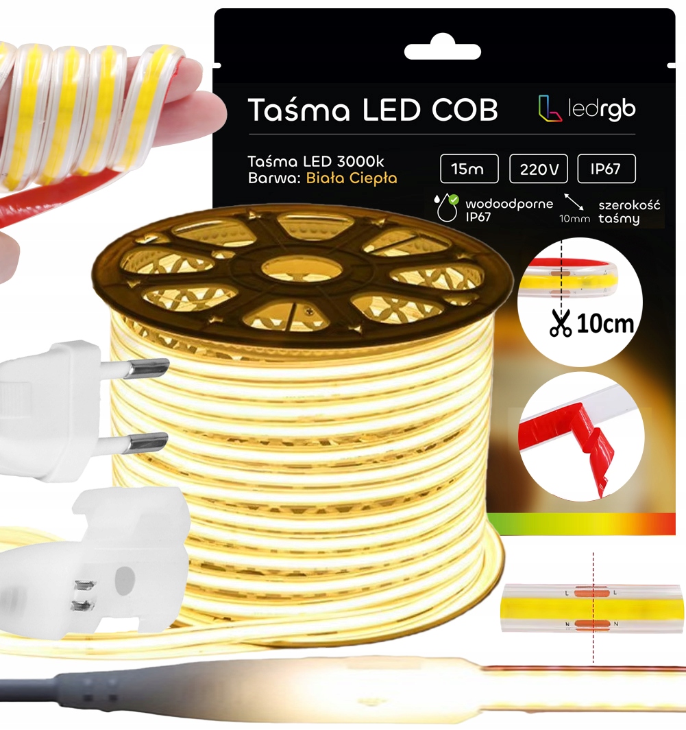 Set Led Pásek Cob 15 m 230 V Bílý Teplý 3000 K Řezaný Každých 10 CM IP67 Lepidlo