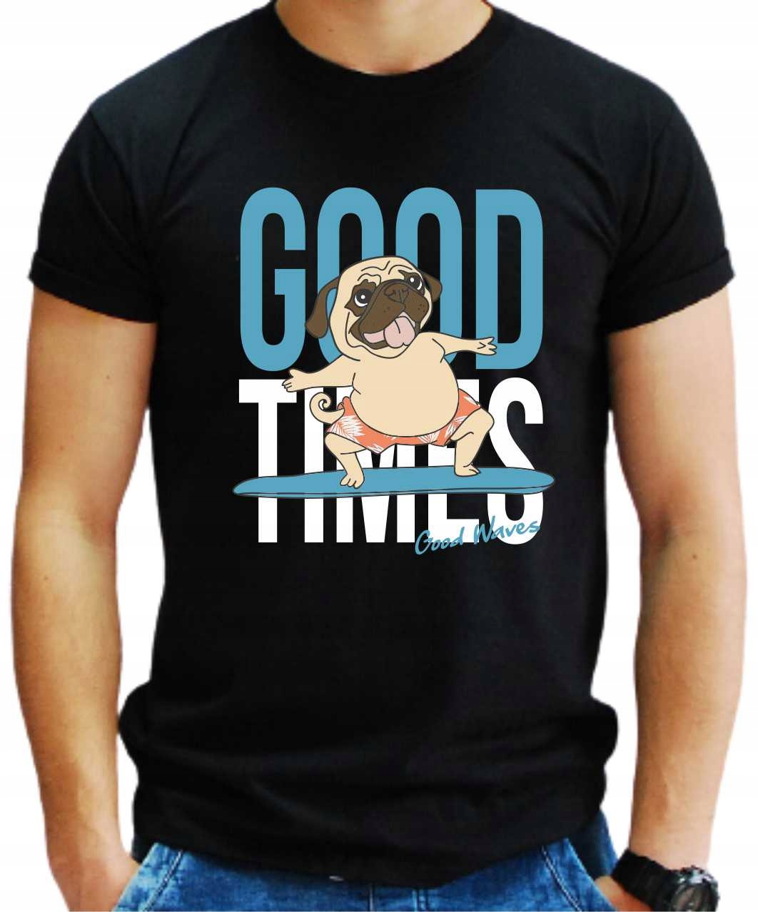 

T-shirt czarny męski Mops Pug z nadrukiem XL