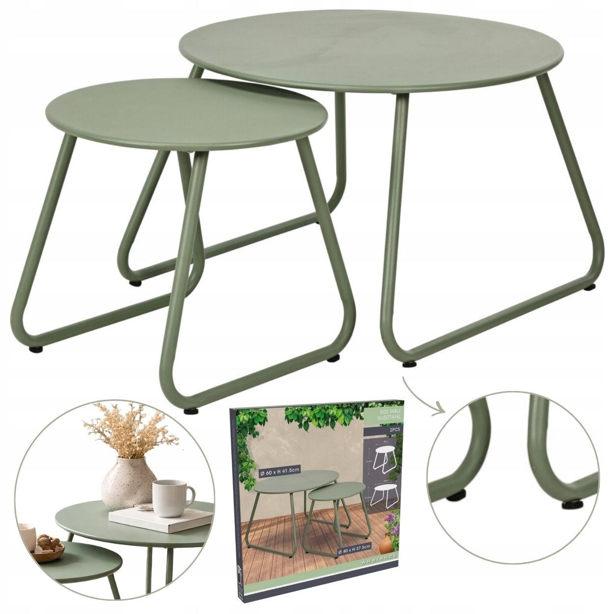 Set 2 stolků Kovový Stolek Zelený do obývacího pokoje Minimalistická Terasa