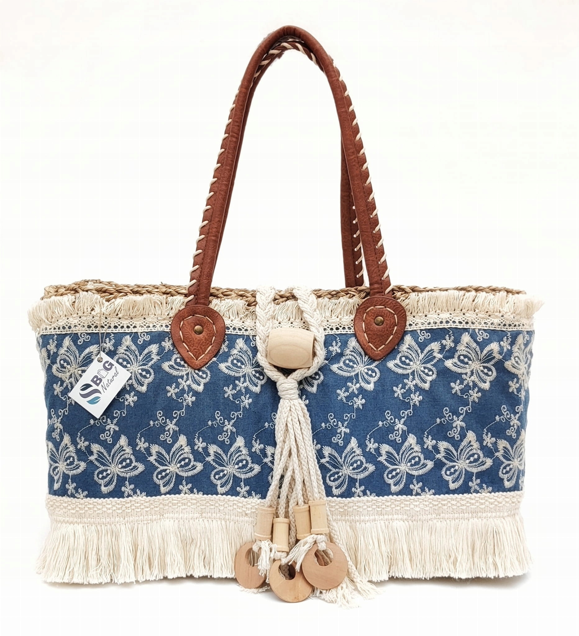Pletená kabelka Košík Jeans s výšivkou a třásněmi Chvost na léto Veganská