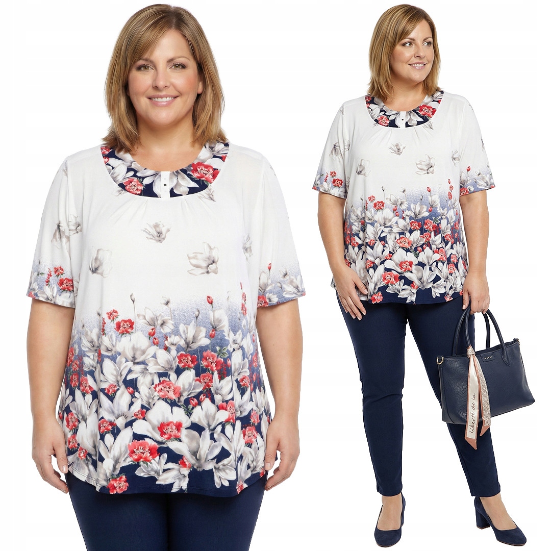 Bílá tunika s šedočervenými květy a velikostí velikost 56/58