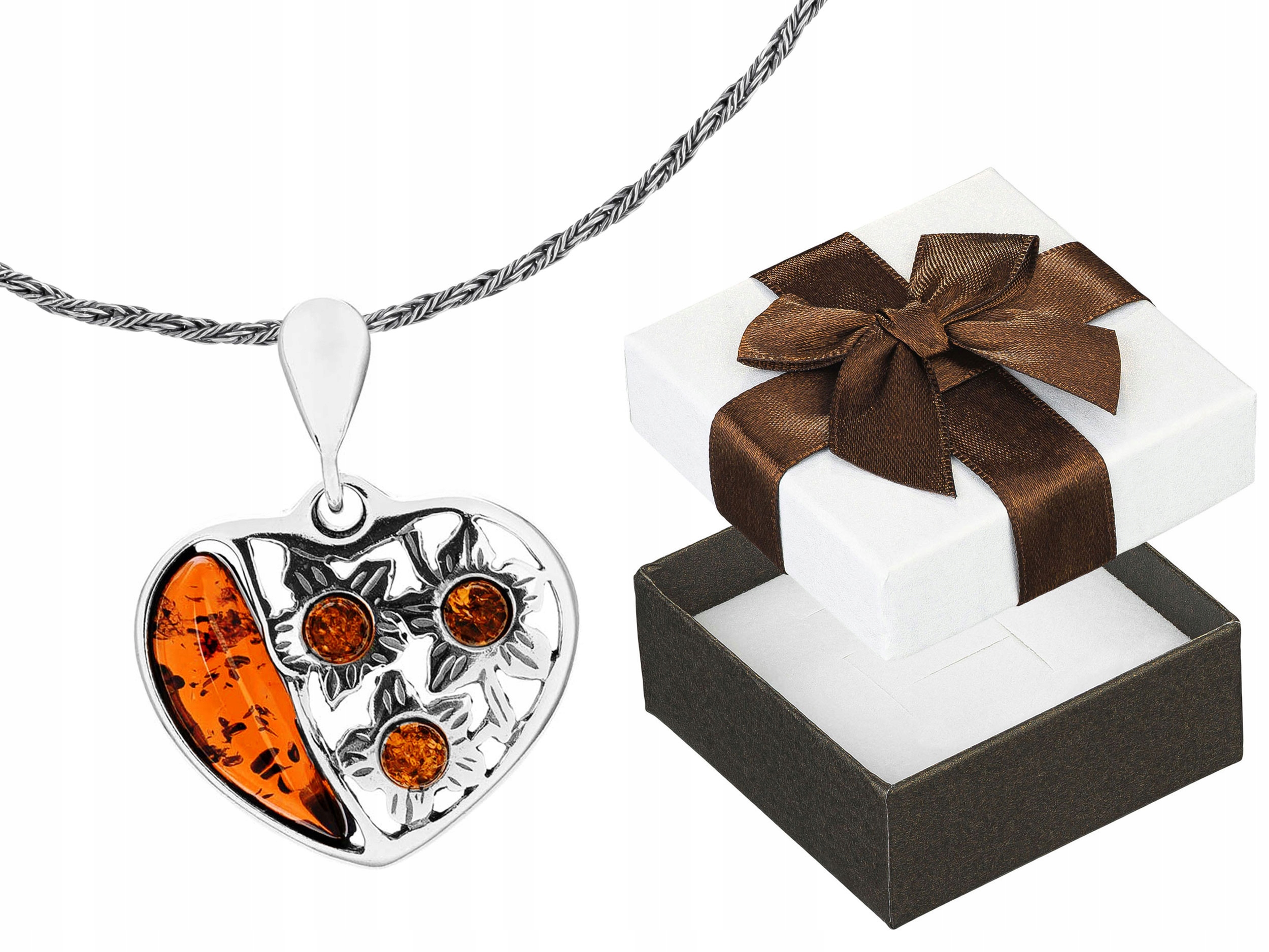 Dlouhý Stříbrný Dámský Prolamovaný Náhrdelník Srdce s Jantarem Květiny Stříbro 55