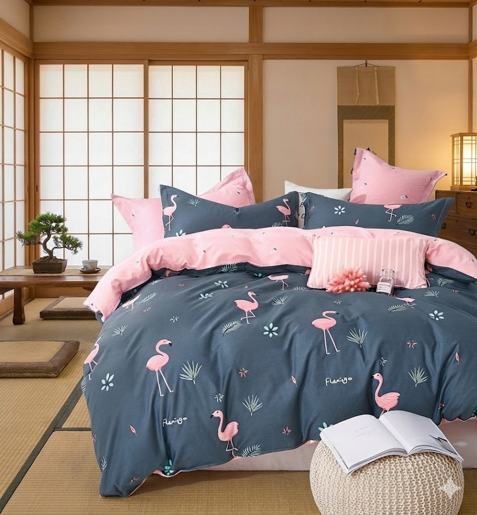 3dílná sada povlečení na peřinu Flamingo růžovo-modrá 100% bavlna do ložnice 220x200 cm
