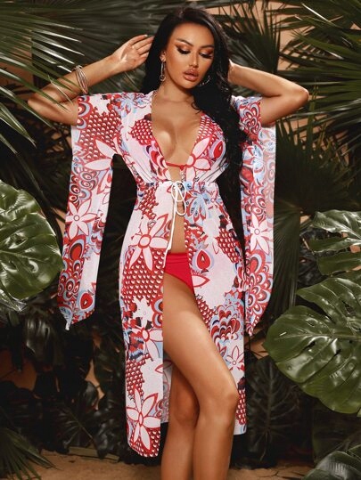 SHEIN SIATECZKOWE KIMONO PLAŻOWE KWIATY L 787