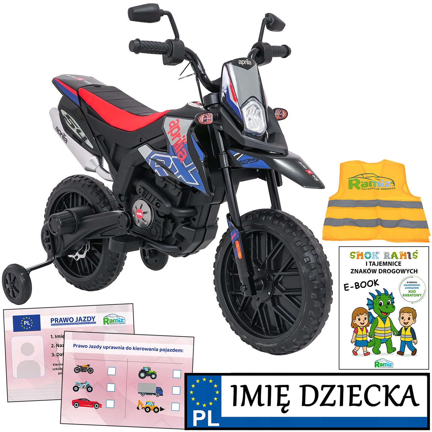 Motor Dla Dzieci na akumulator Aprilia Rx rejestracja imienna Boczne Kółka