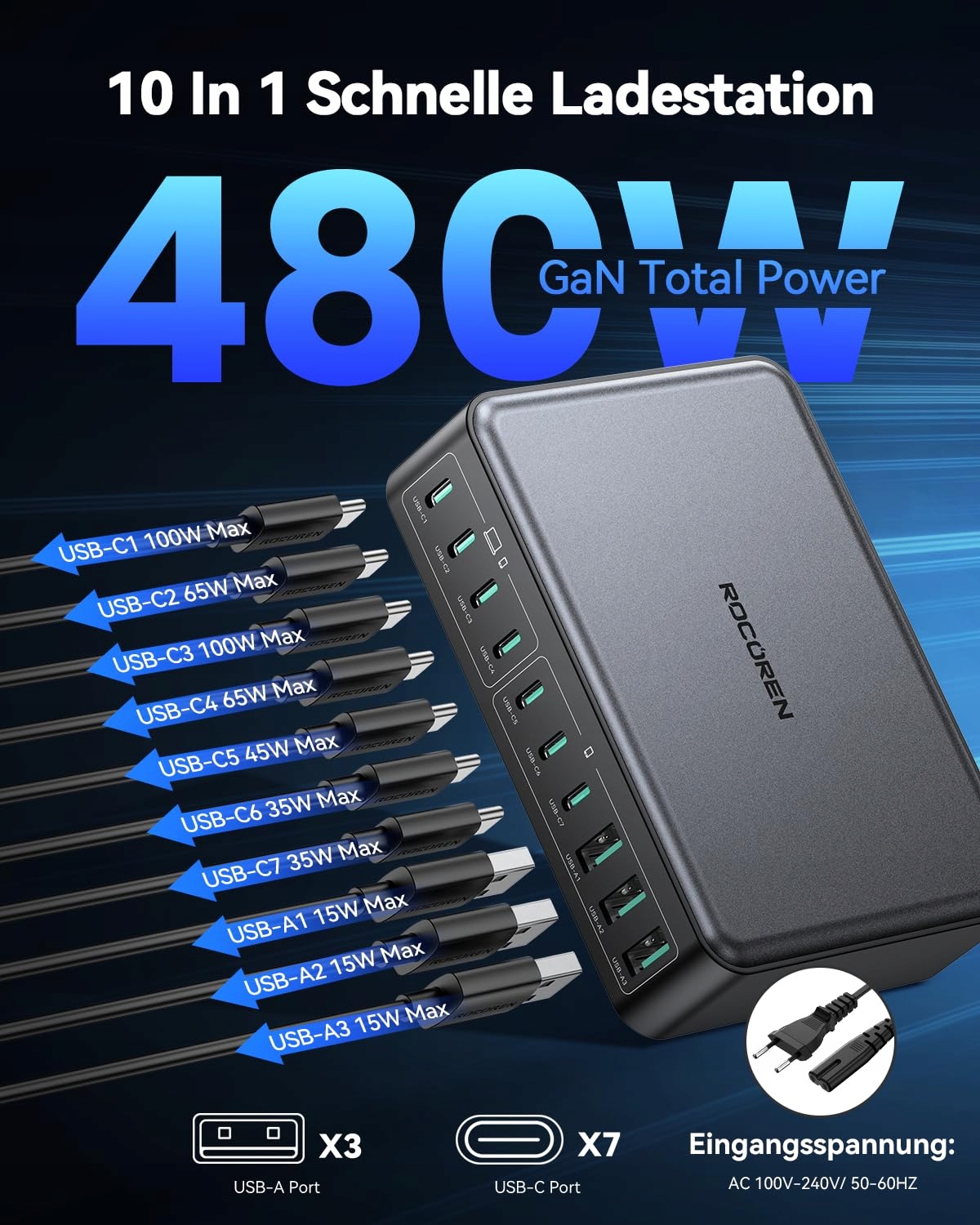 ROCOREN 480W GaN USB C Ładowarka 10-Portowa Stacja Ładowania Laptopów — miniatura 3