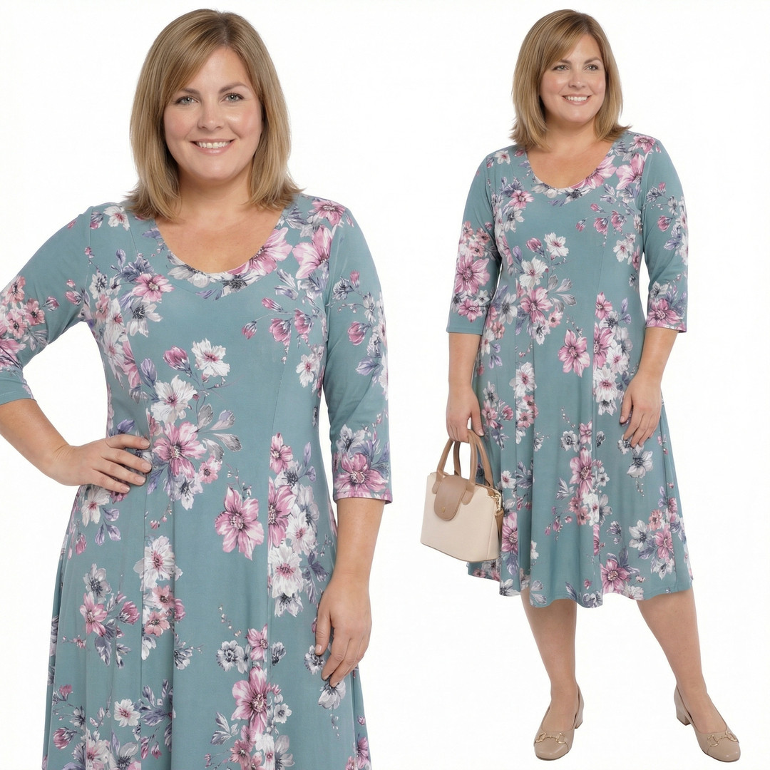 Šaty šedo-růžové květy plus size velikost 60/62