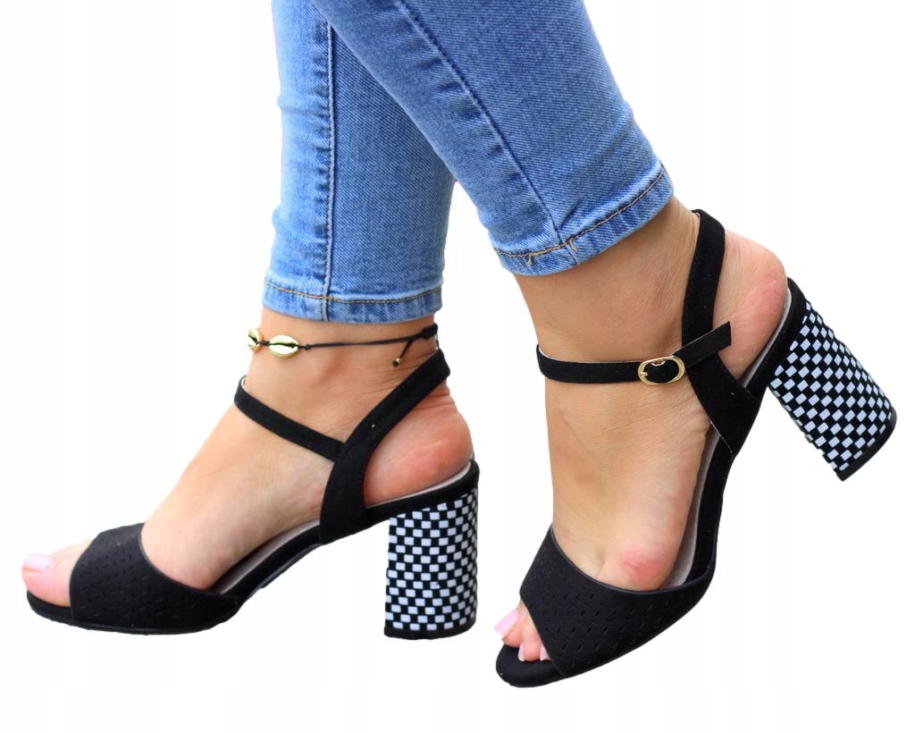 

Eleganckie Czarne Sandały Na Modnym Słupku Skóra 7