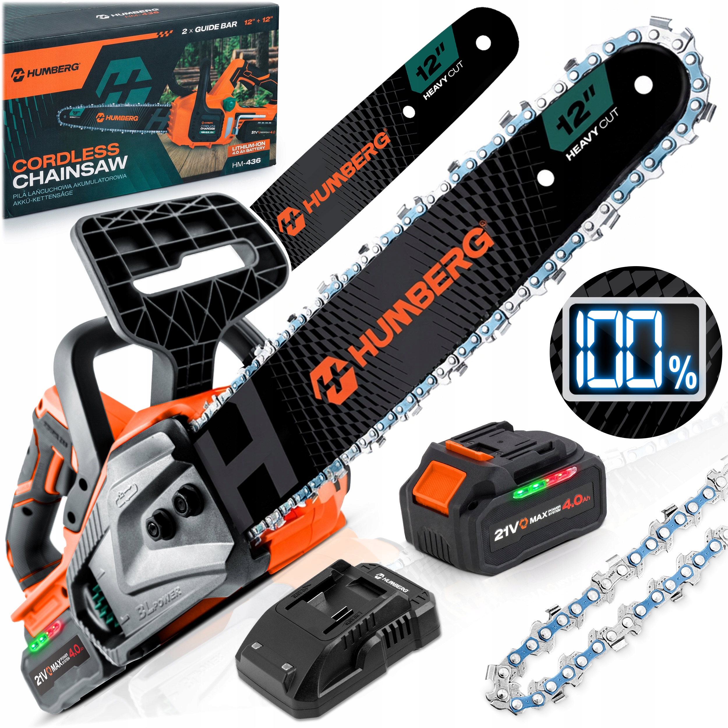 Piła Łańcuchowa 12" cali Akumulatorowa Pilarka do drewna Bezszczotkowa 4Ah