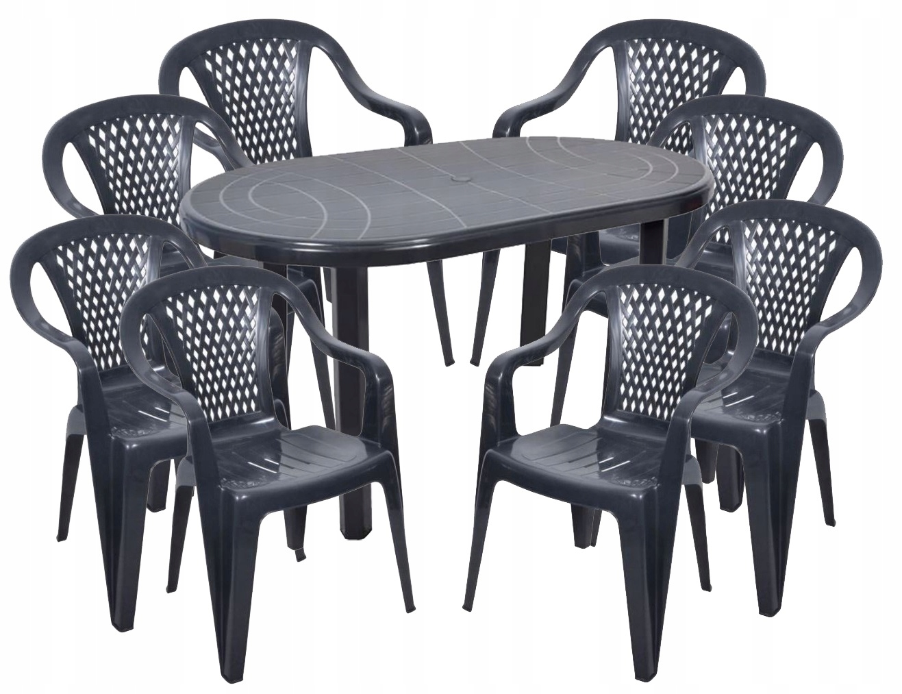 ZESTAW 8+1 DUŻY STÓŁ KRZESŁA PLASTIK OGRÓD GRAFIT