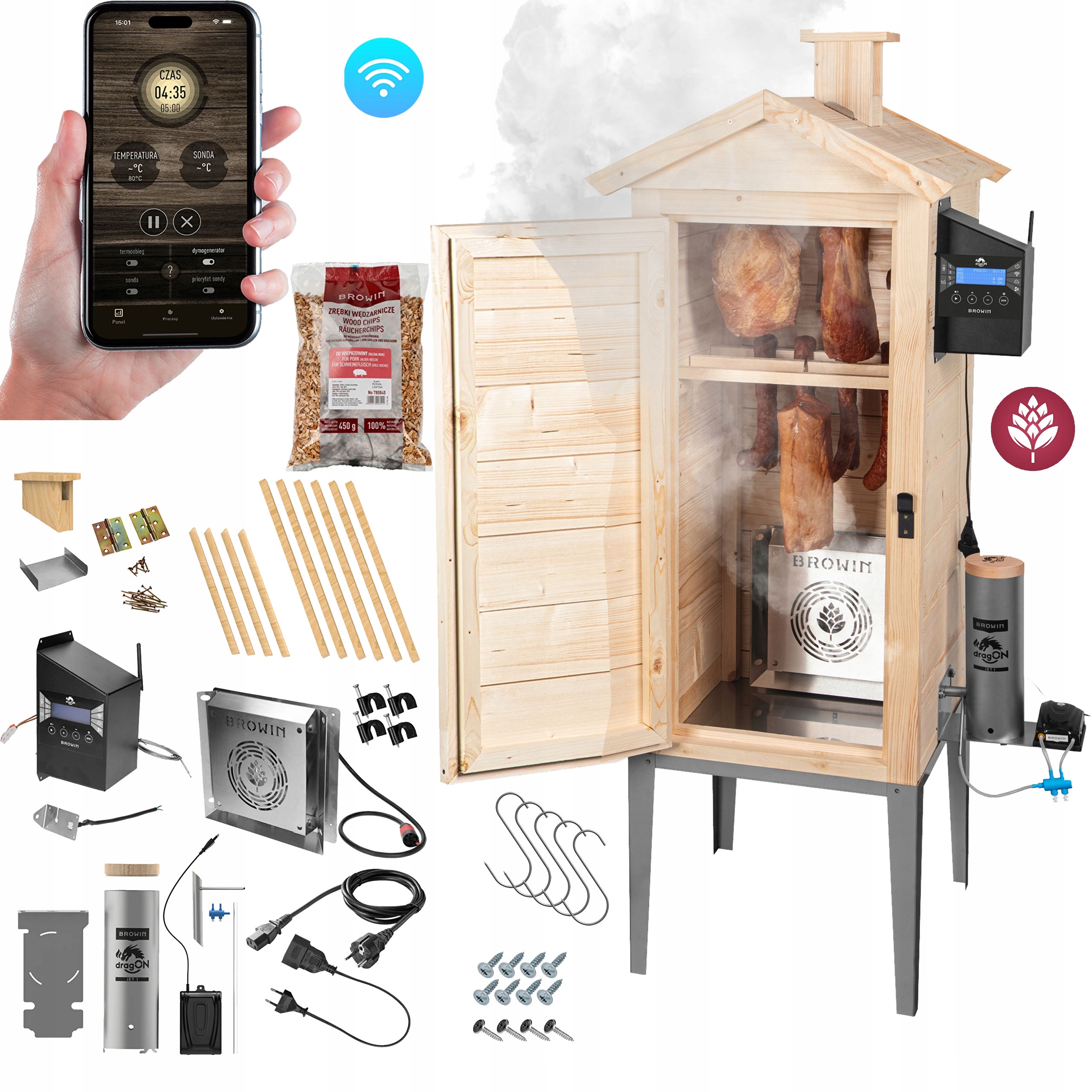 Browin Wędzarnia Drewniana 230V Generator Dymu Termoobieg Cyfrowa Wi-fi