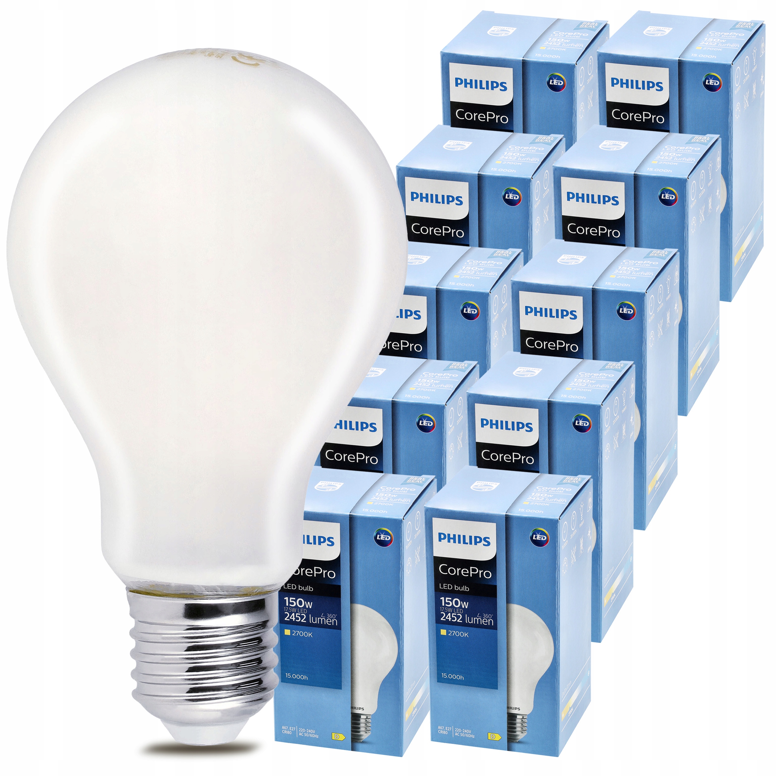 10 x Led žiarovka E27 Philips 17,5W 150W 2452lm 2700k Corepro Premium A67