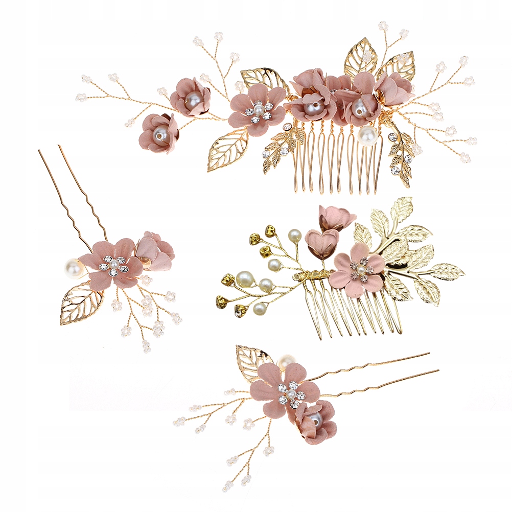 ZŁOTY GRZECHOTKA DEKORACJA WŁOSÓW Z KWIATAMI NA ŚLUB NAKRĘT 4SZT