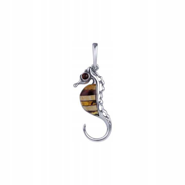 Stříbrný Mořský Koník Přívěsek S Jantarem