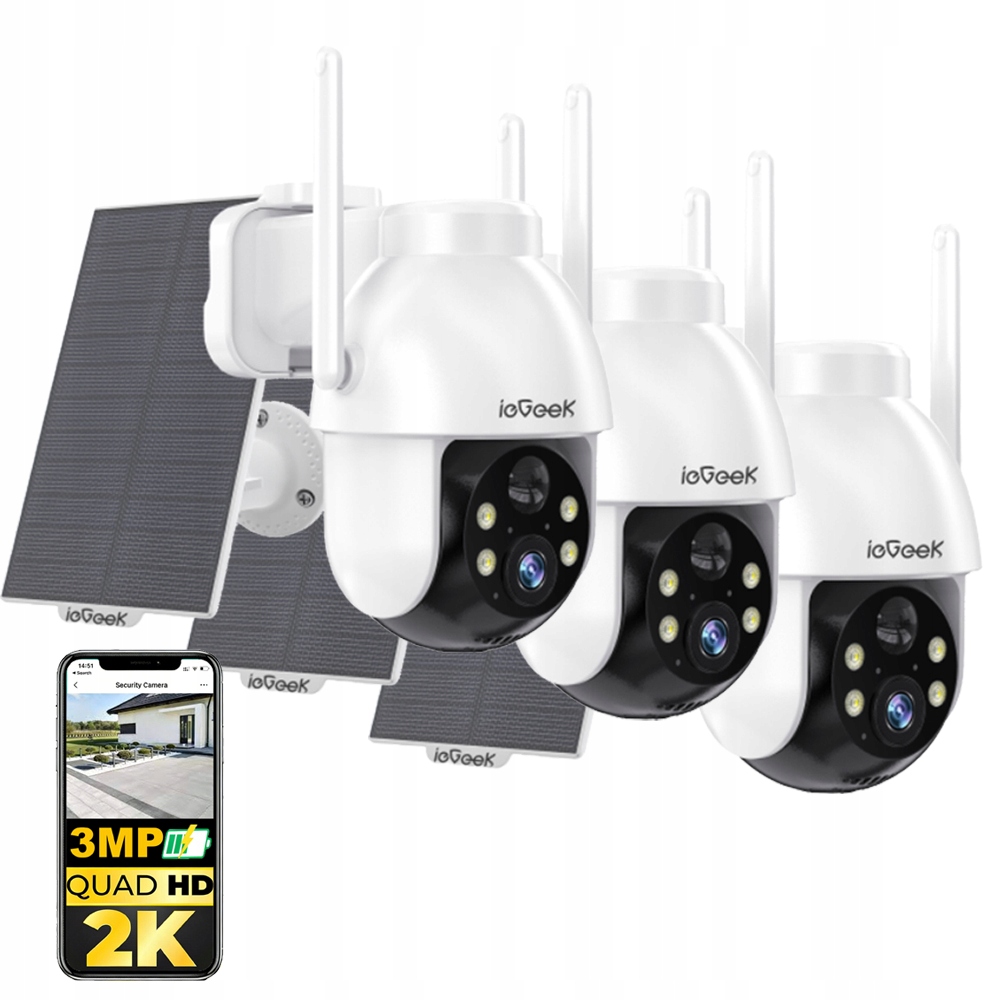 3 kusy Solární otočná kamera 3MPx venkovní bezdrátová 4x Zoom Ptz