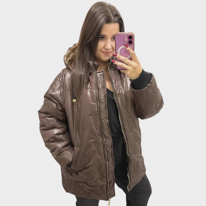 Prošívaná bunda s kapucí, čokoládová, plus size, velikost 48