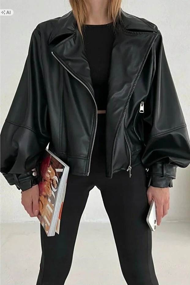 Černá Lakovaná Dámská Bunda S Oversize Zipy, Velikost 5IA