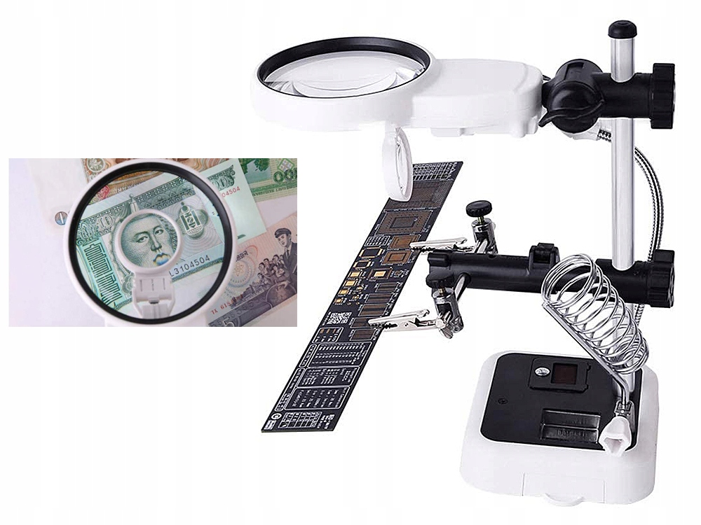 TRZECIA RĘKA ZESTAW DO LUTOWANIA UCHWYT LUPA 6 LED Elementy zestawu oświetlenie