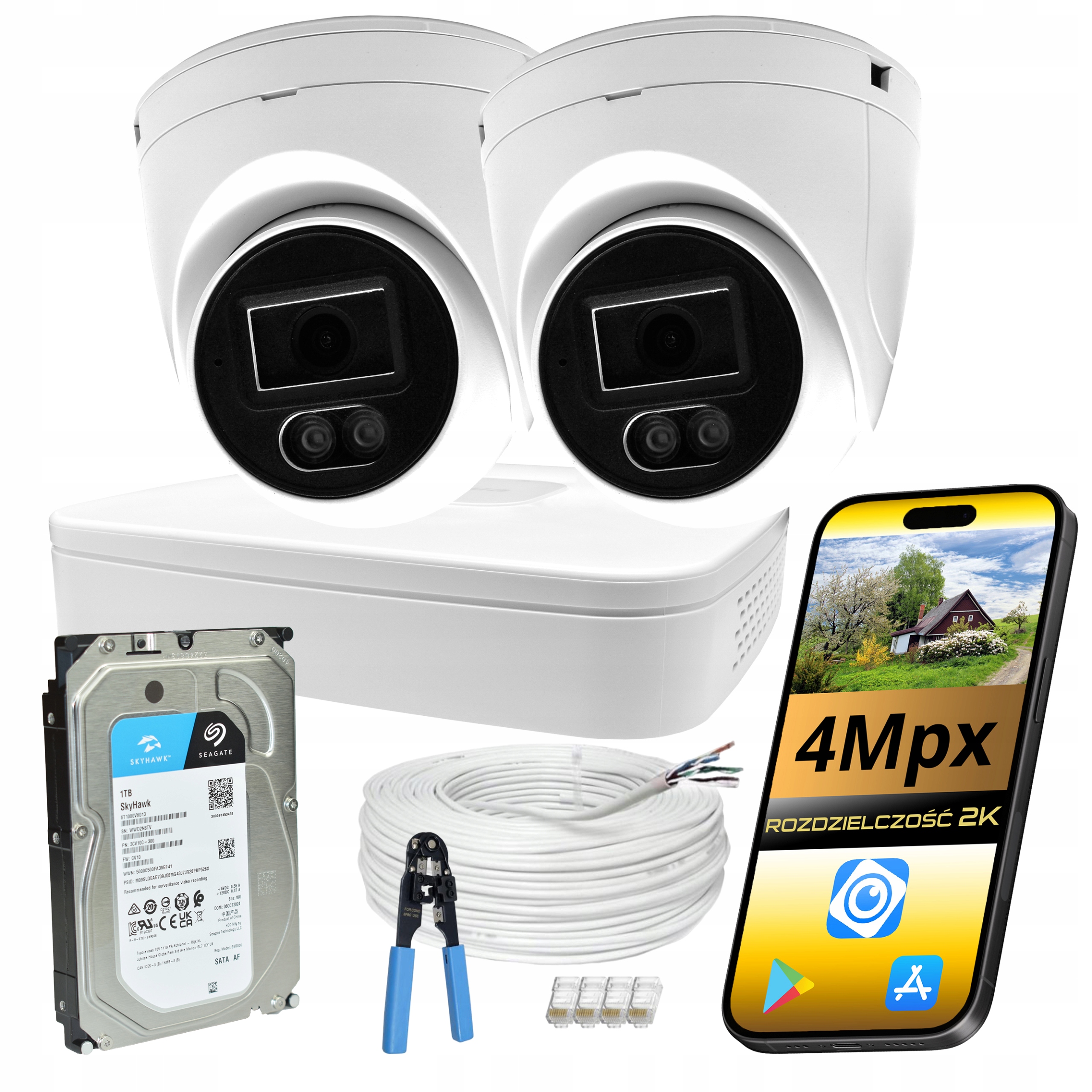 Monitorovanie Dahua Set 2 Kamery 4MPX Ip PoE Kupolka Farba V Noci Disk 1TB