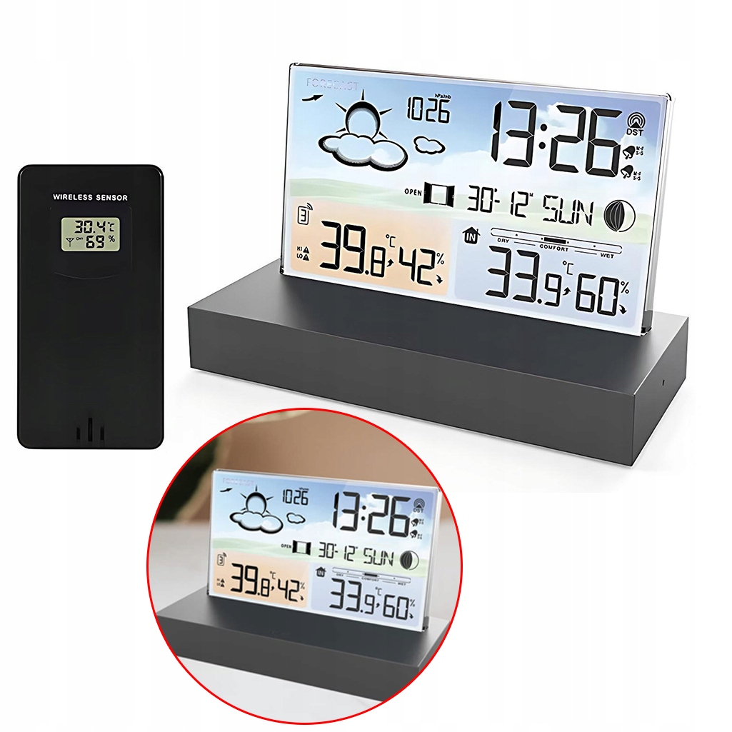 Meteorologická Stanice Hodiny Budík Velký Barevný LCD displej Teploměr