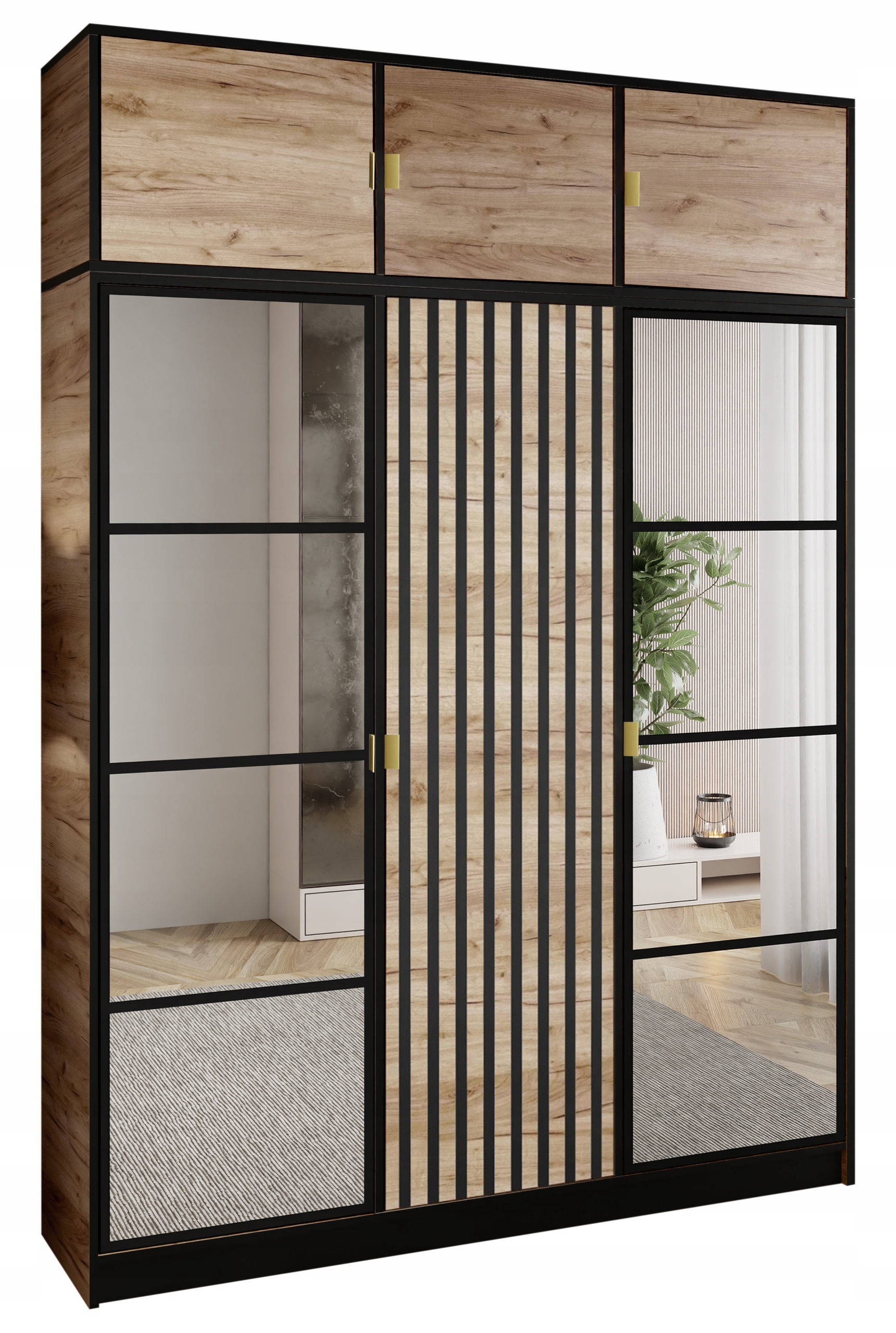 Skříň Lumi 157 3D Dub 2x zrcadlo Eden Pattern 3 Zlatá úchytka s vrchní deskou