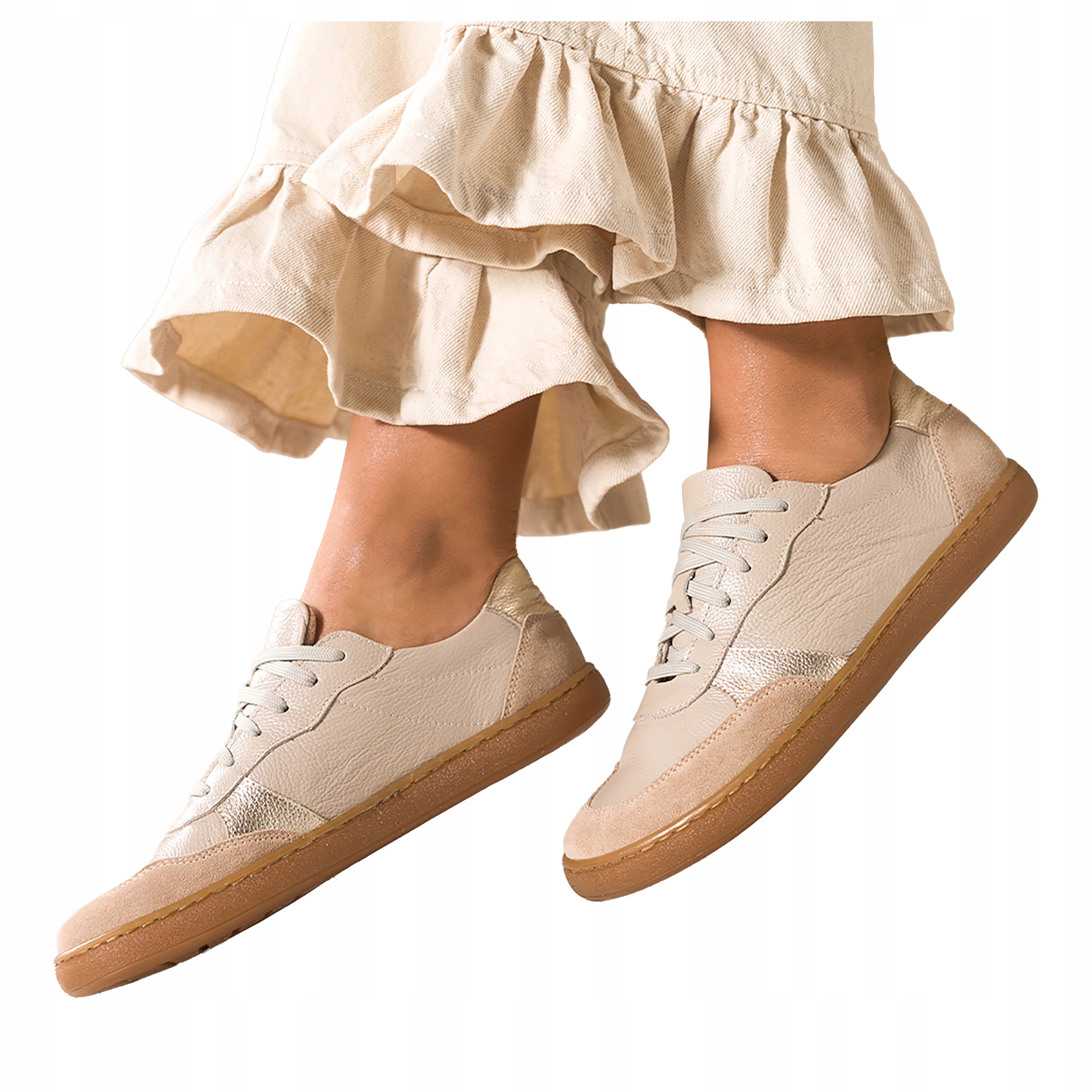 Beżowe Buty Barefoot Damskie Sznurowane Złote Wstawki Skórzane r 38