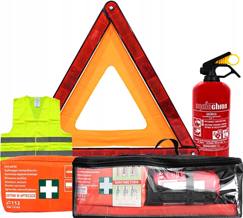 ZESTAW PIERWSZEJ POMOCY W TORBIE APTECZKA GAŚNICA TRÓJKĄT KAMIZELKA