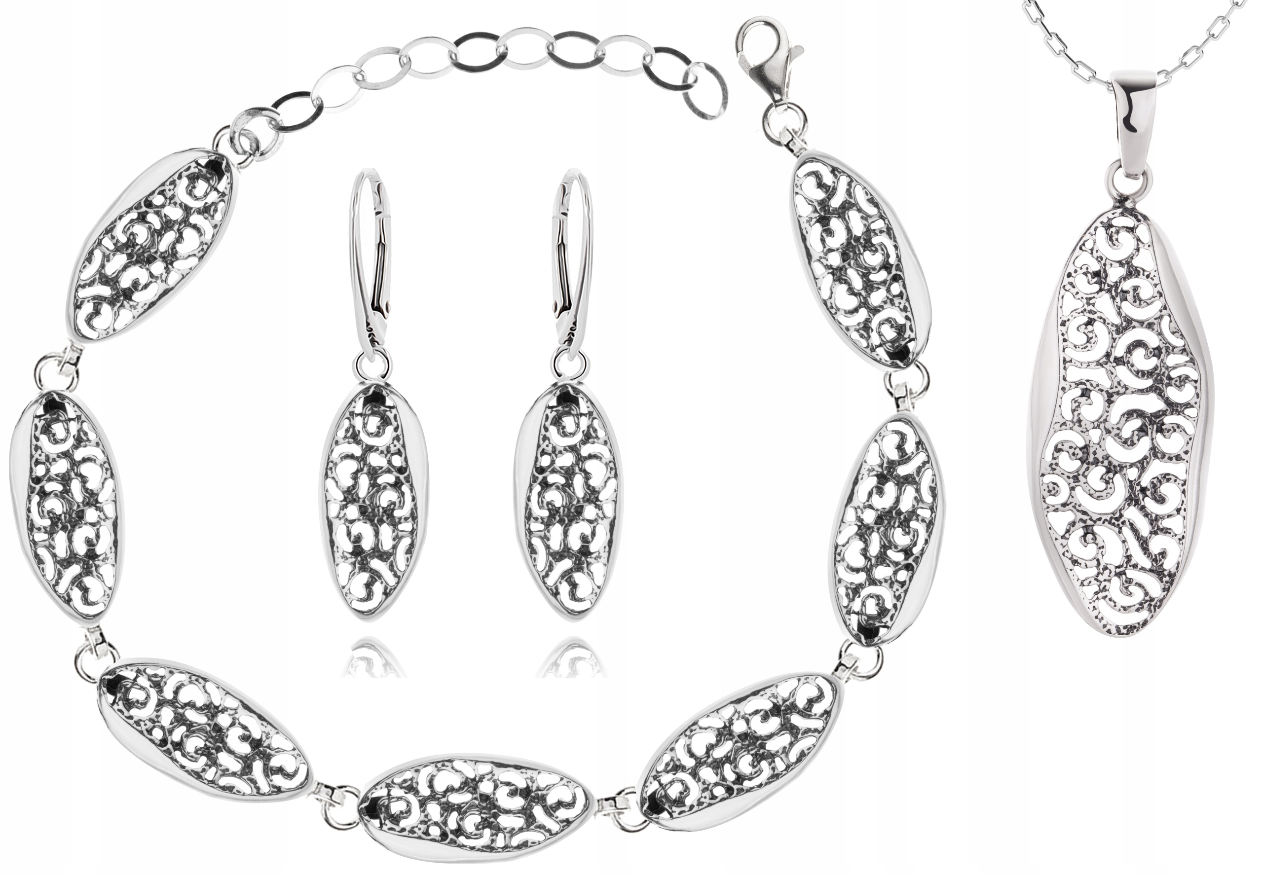 

Komplet Biżuterii Ażurowe Kolczyki Wisiorek Łańcus