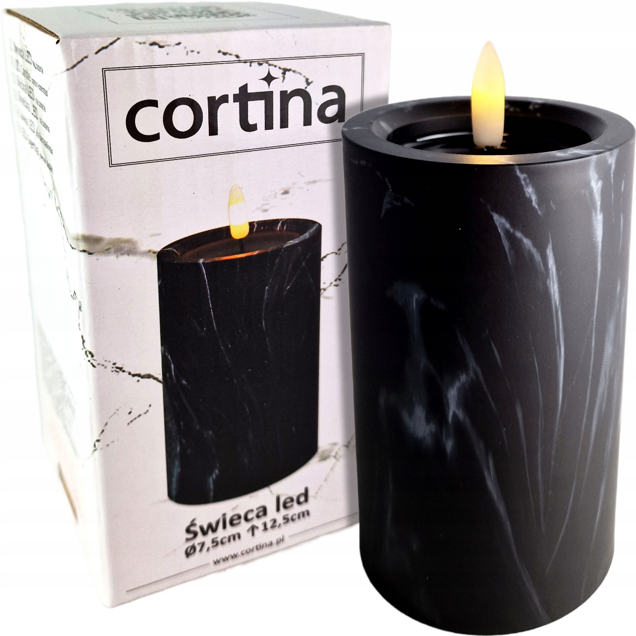 Świeca LED marmurowa czarna – dekoracyjna lampka LED 7,5 cm x 12,5 cm
