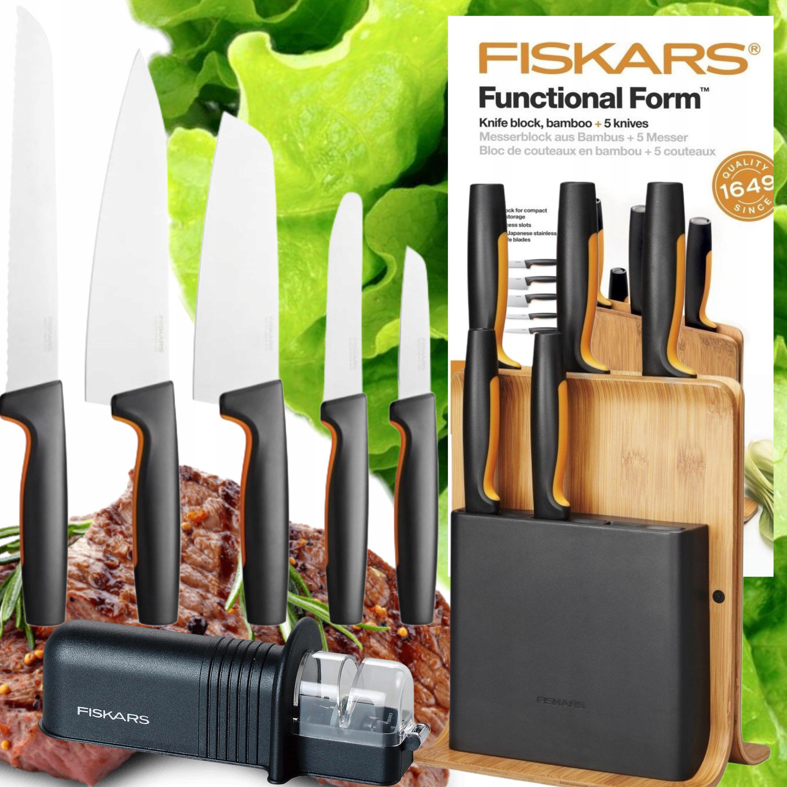 Sada 5 Nožov Fiskars V Bambusovom Bloku, Ostré Nože Stojan Brusný Kameň