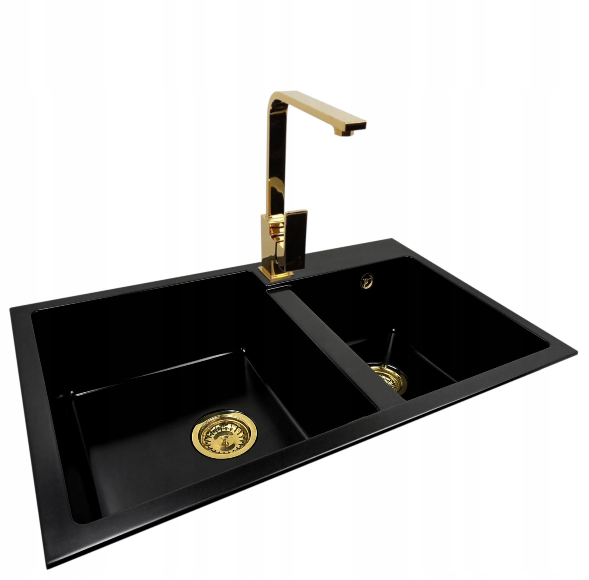 Zlew Do Kuchni Zlewozmywak Dwukomorowy Granitowy 80X50 Złota Bateria