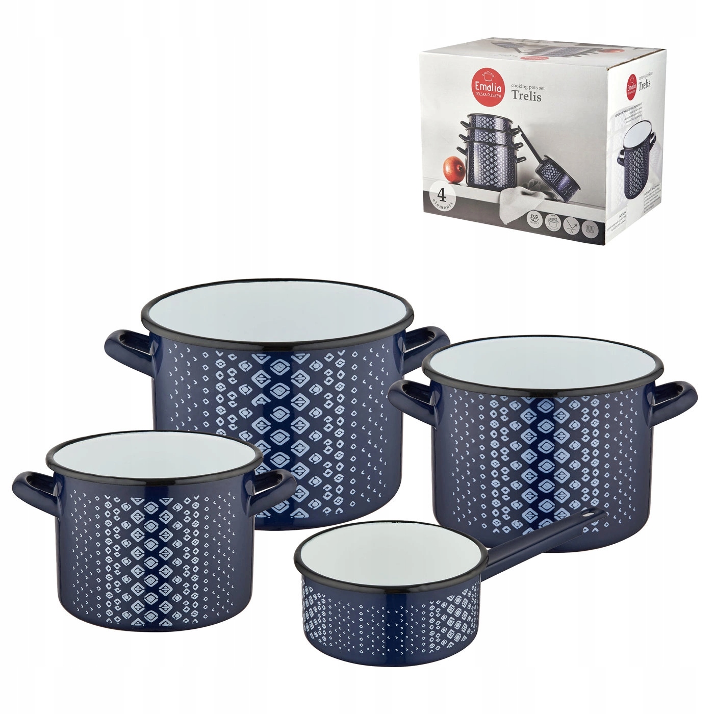 KOMPLET GARNKÓW EMALIOWANYCH TRELIS 4 ELEMENTY Kolor odcienie niebieskiego