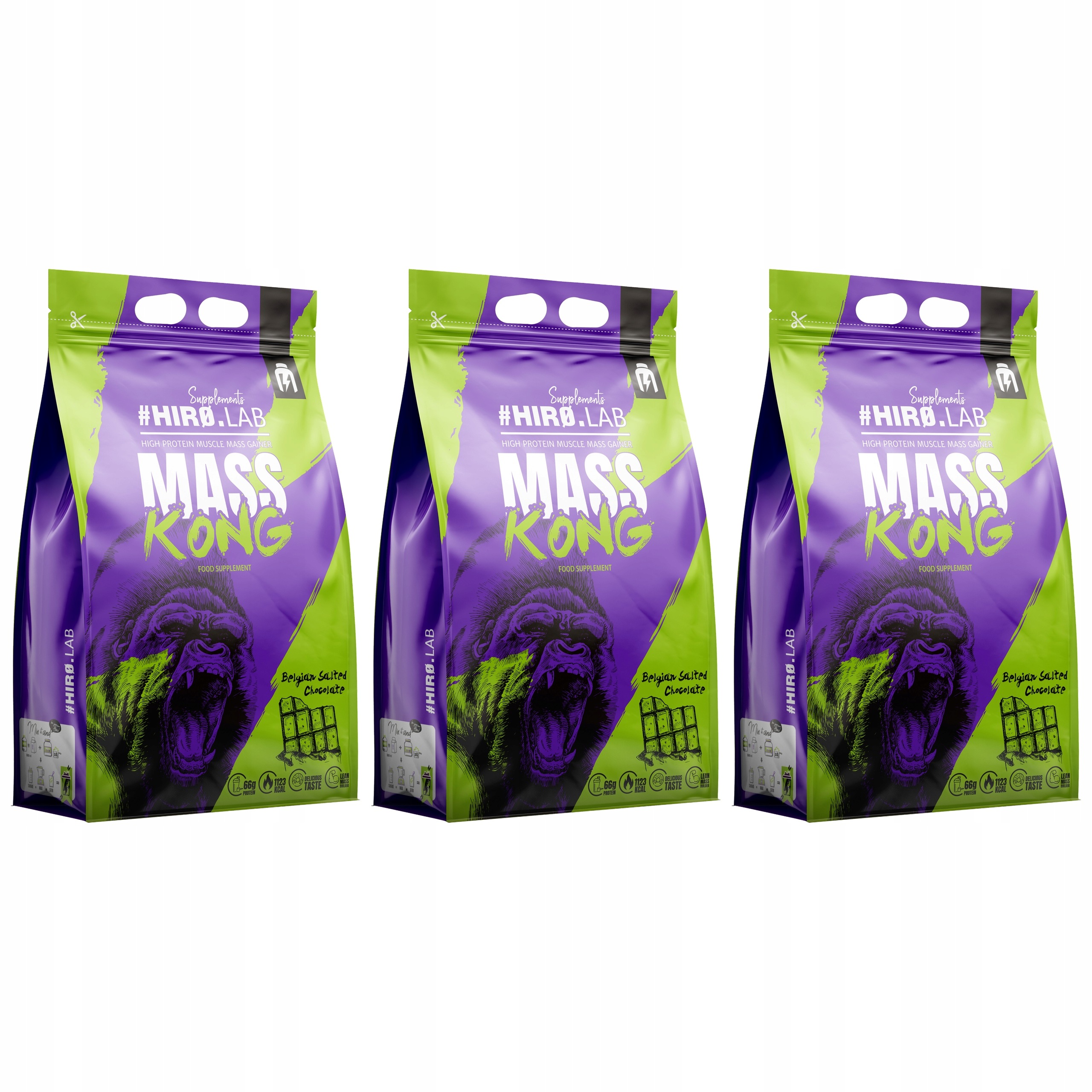 3x Gainer Mass Kong Bílkoviny Sacharidy Hmotnost 3000g Belgická Čokoláda Hiro