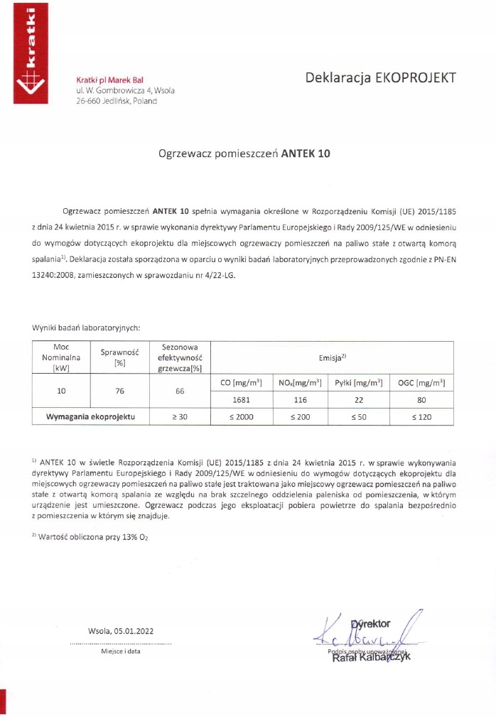 Kominek Wkład Kominkowy Powietrzny Kratki ANTEK 10 kW fi 180 Żeliwny Głębokość 334 mm