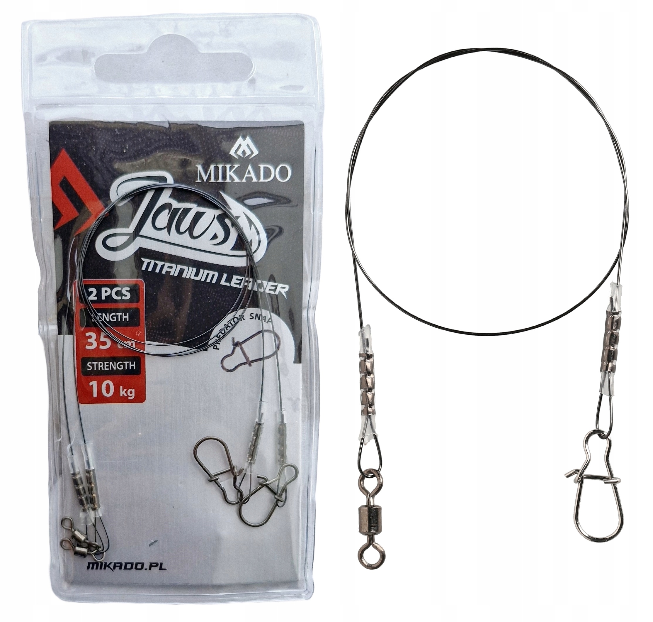 Przypon tytanowy Mikado Jaws 35 cm 10 kg z agrafką predator snap 2 sztuki