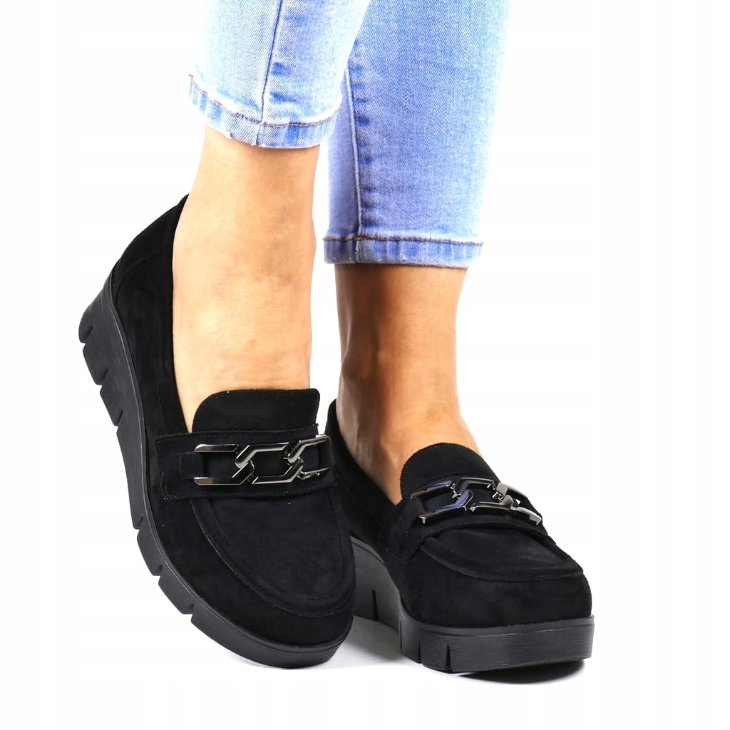 Dámské Mokasíny Na Podpatku, Polobotky S Přezkou, Černé, Semišové, Pohodlné