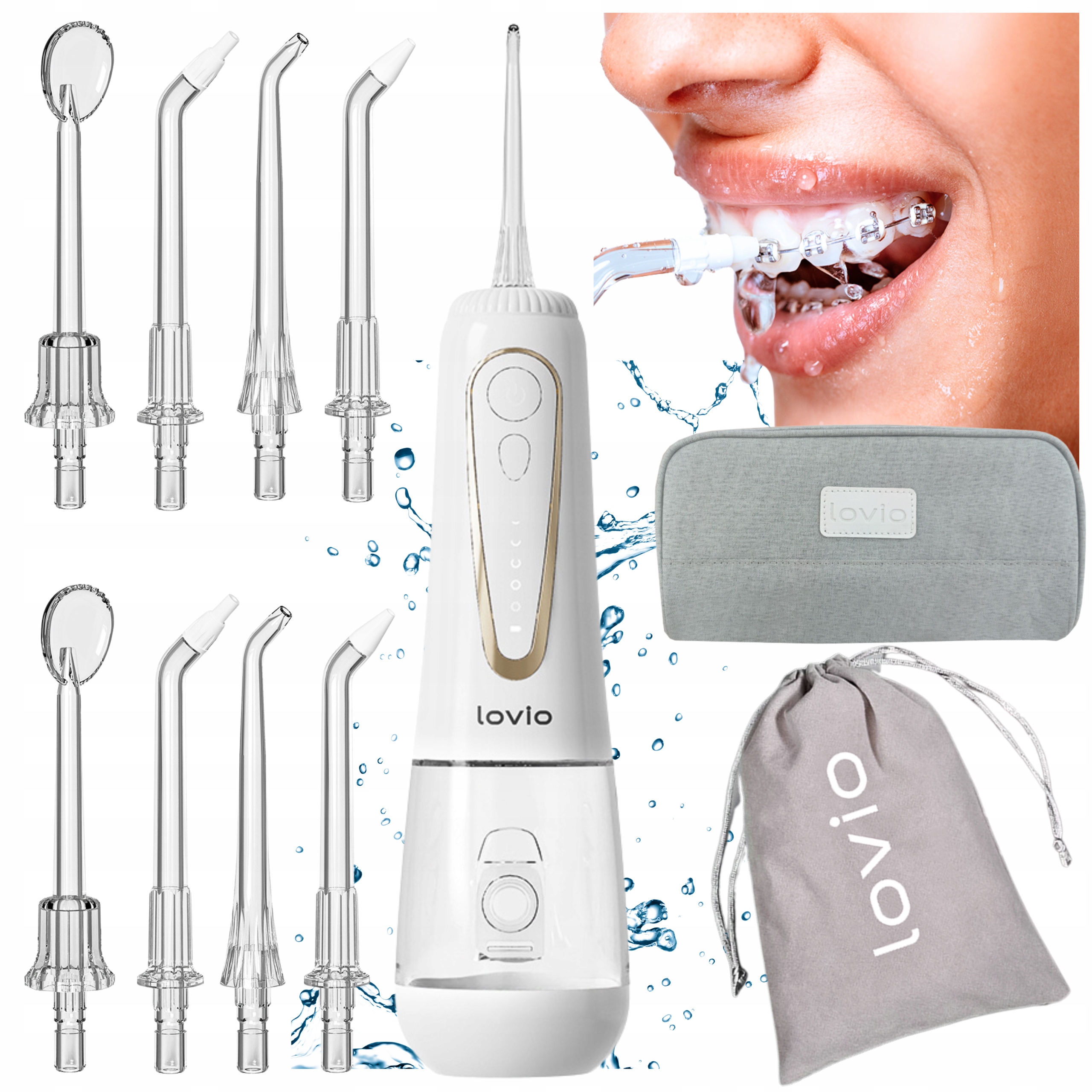 Irygator do zębów Bezprzewodowy Dentystyczny mocny Lovio Pro Etui 8 dysz