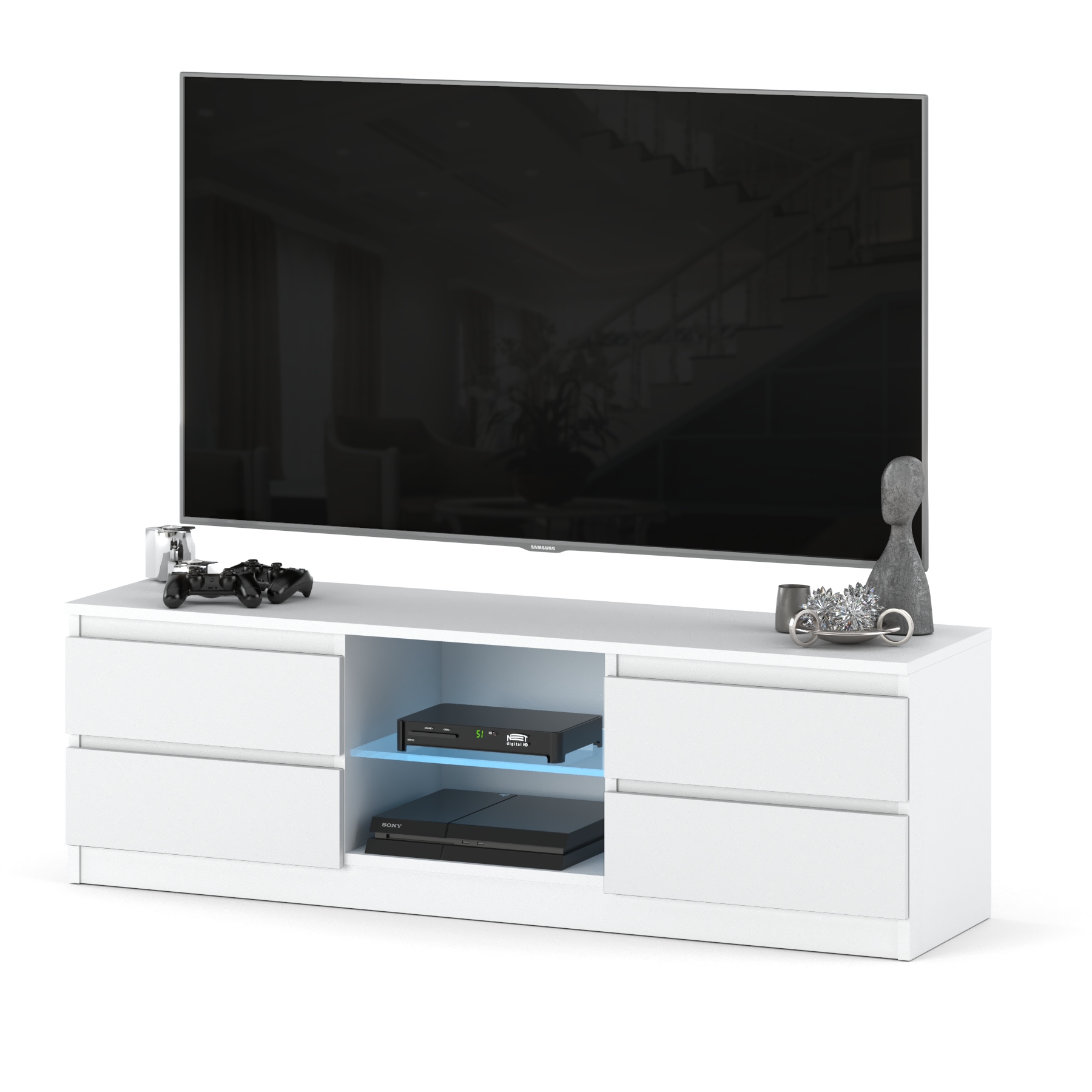 SZAFKA RTV KOMODA POD TELEWIZOR STOJĄCA BIAŁA MATOWA CZTERY SZUFLADY 138CM