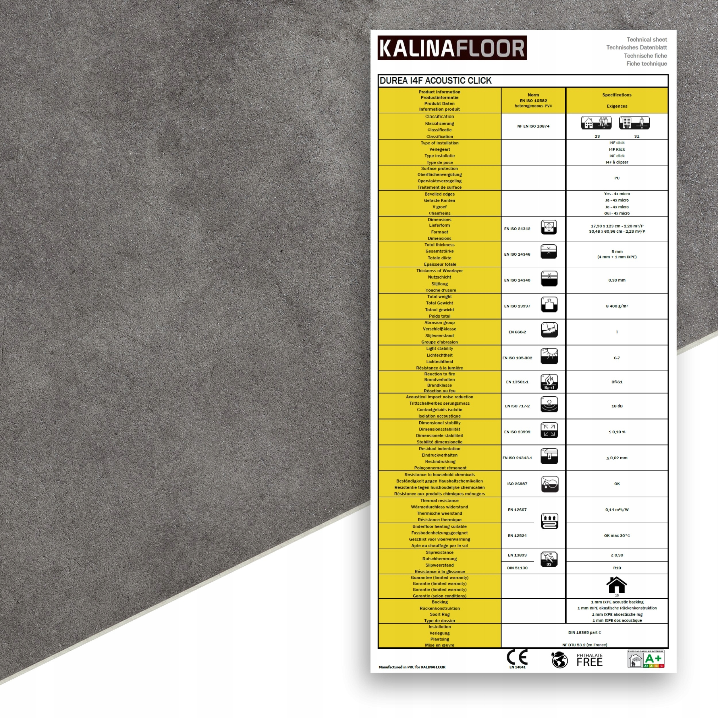 PŁYTKI WINYLOWE LVT CLICK DUREA SPC BETON ANTRACYT Grubość całkowita 5 mm