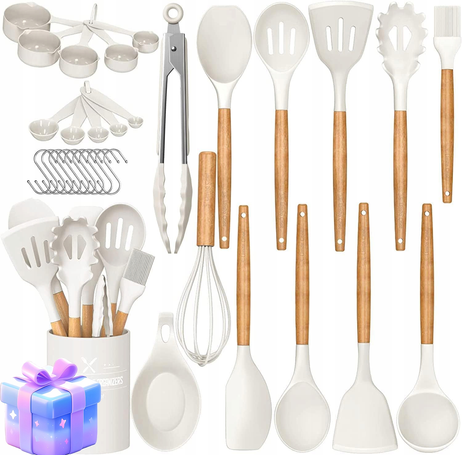 34 ks Silikonové Kuchyňské Náčiní Bílá Sada Kuchyňského Náčiní Stojan