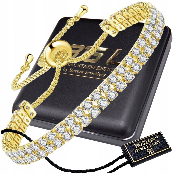 Złota Bransoletka Damska Z Cyrkoniami Regulowana Podwójne Kryształy 18K