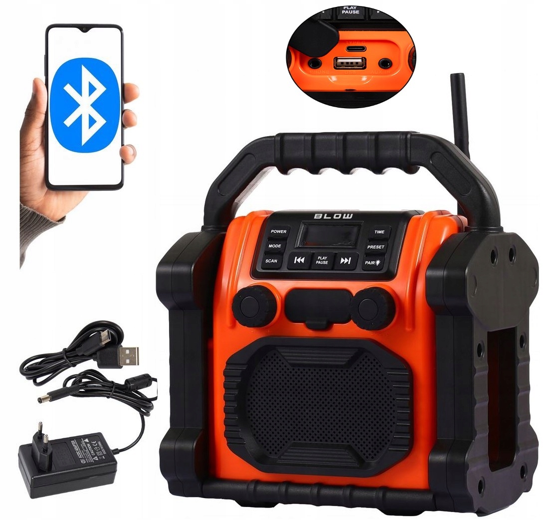 Stavební Rádio Fm Bluetooth 5 Powerbank Usb-c Aux Led 20W Voděodolné IP55