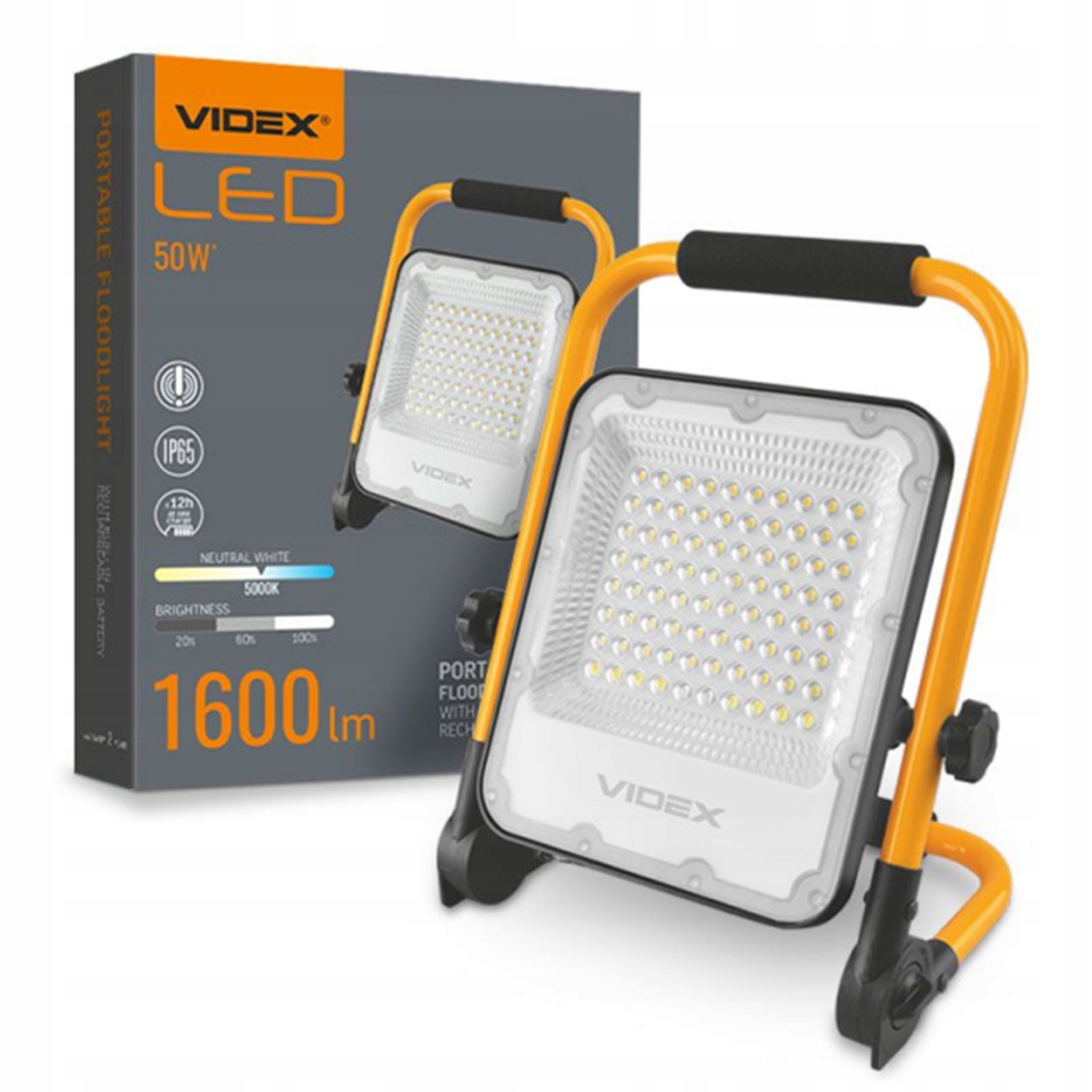 Přenosný Led reflektor 50W 1600lm 5000K Neutrální 90° 2A Černý Videx