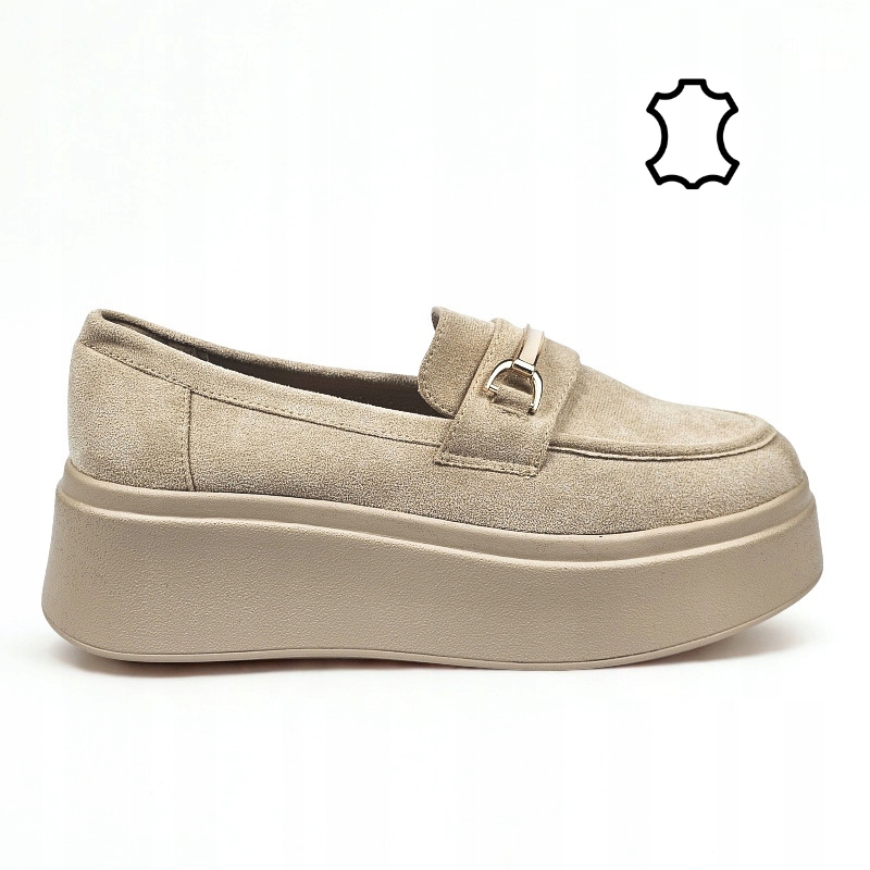 Beżowe damskie półbuty mokasyny na platformie skóra zamsz loafersy