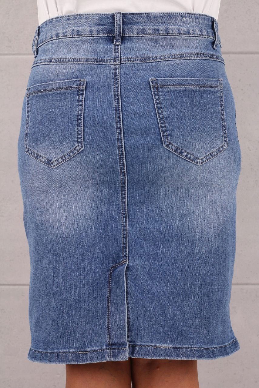 SPÓDNICA JEANSOWA OŁÓWKOWA PASEK GRATIS DUŻE ROZMIARY WYSOKI STAN DO KOLAN Wzór dominujący bez wzoru