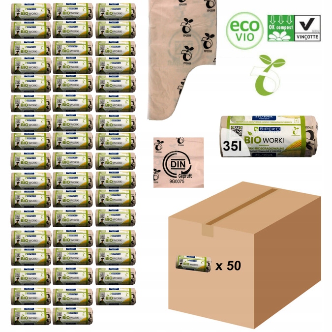 Levně Biologicky rozložitelné kompostovatelné sáčky Atest 35L 500 kusů 50 rolí Sipeko