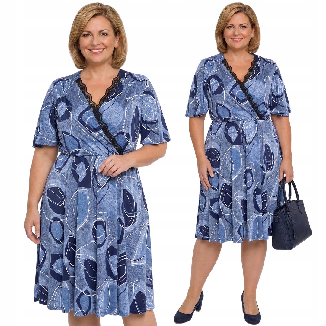 Šaty s modrými vzory a krajkou plus size velikost 50/52